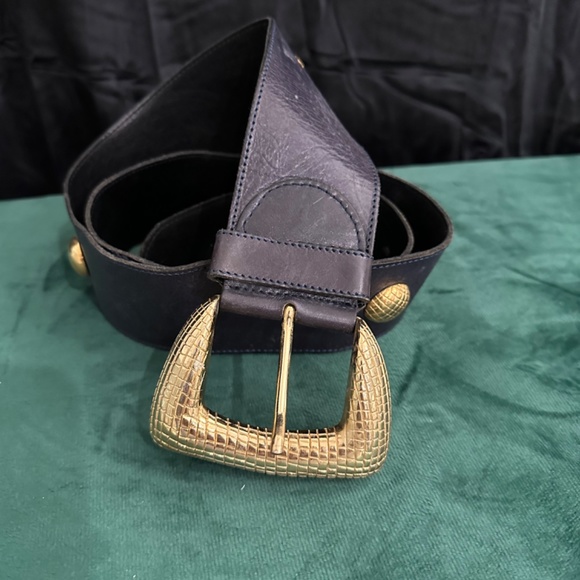 ECHT LEDER, navy blue leather belt with gold buckle - Picture 5 of 5